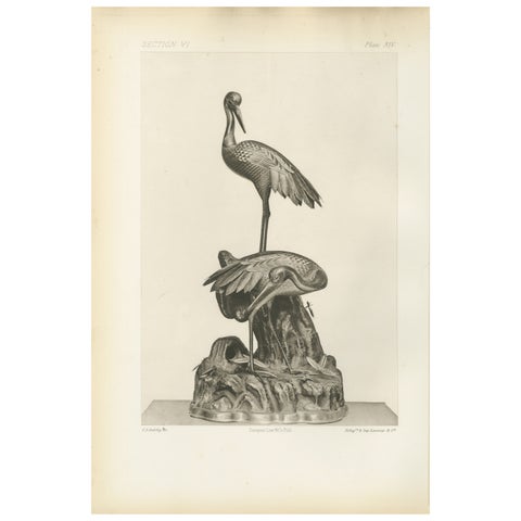 Elegant Cranes on Ornamental Base, Heliographic Japanese Art by Audsley, 1884