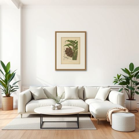 Antique Salak Palm Botanical Chromolithograph by Hoola van Nooten, c. 1880, shown framed in a room