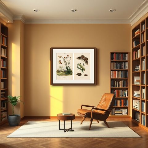 Pair of French Butterfly & Moth Engravings by E. Guérin, 1835, shown framed in a room