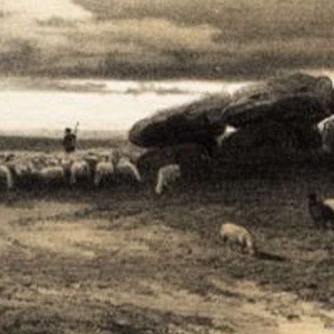 Antique Print of a Landscape in Drenthe with Sheep and a Hunnebed, 1880, close-up 1