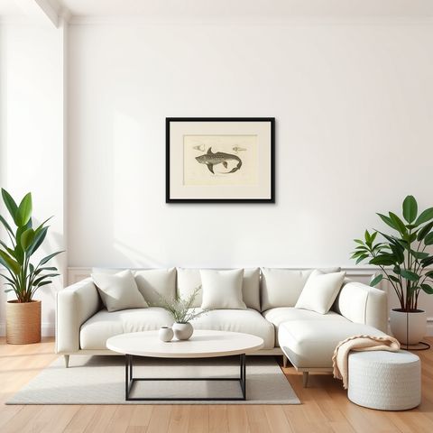 Antique Print of Arctic Chimaera Fish, Rare French Scientific Illustration 1845, shown framed in a room