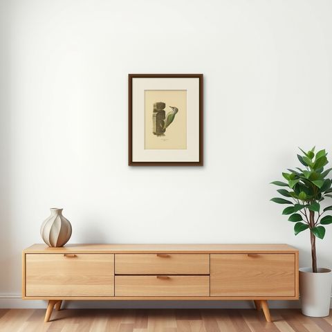Grey-Headed Woodpecker on Timber Post, Swedish Bird Print, 1929, shown framed on a wall