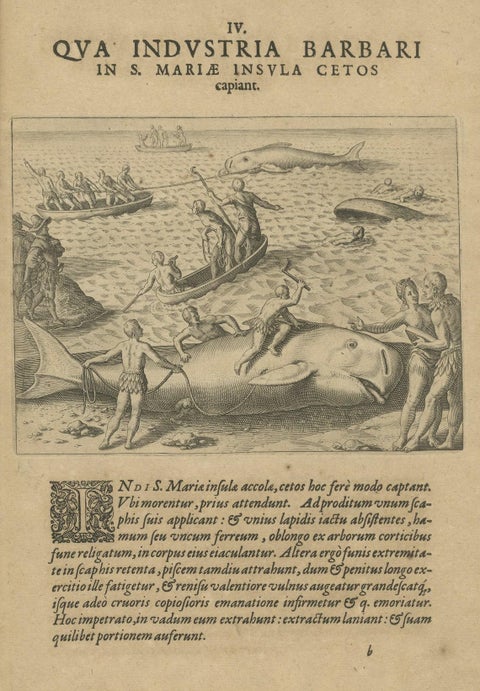 The Whale Harvest of St. Mary's Island - Copper Engraving by de Bry, 1601, close-up 1