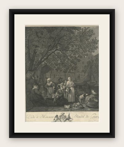 Antique Print of the Vegetable Market in Amsterdam by David, 1775, shown framed