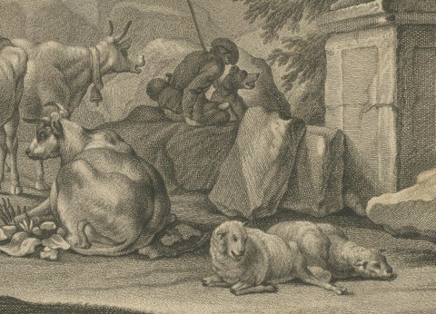 Pastoral Engraving by Johann Jakob Kleinschmidt: Shepherd, Cattle, and Ruins, close-up 4