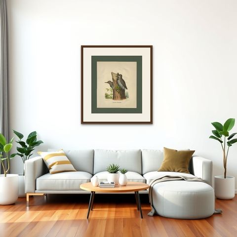 Antique Bird Print of Gilded Flickers Made After D.G. Elliot, 1869, shown framed in a room