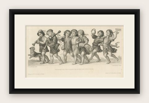 Antique Print of a Group of Children and a Dog, shown framed