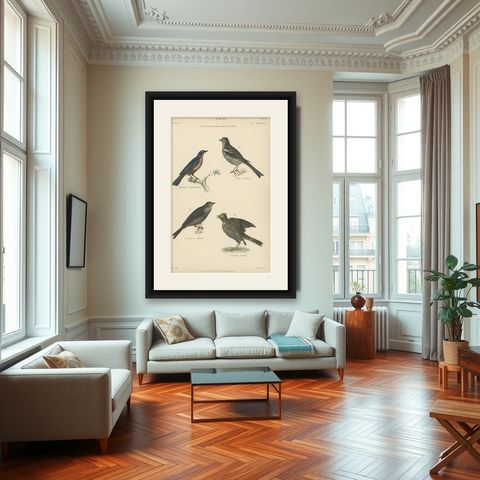 Antique Bird Print of the Skylark and Other Birds, c.1860, shown framed in a room