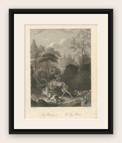 Original Antique Print of Deer Hunting, shown framed