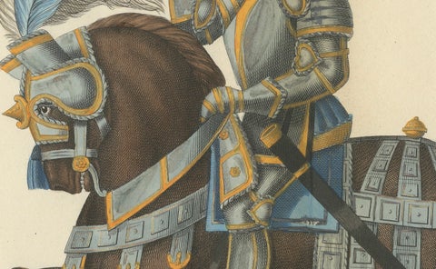 Hand-Coloured Litho of Knights in Jousting Armor on Caparisoned Horses, 1842, close-up 1