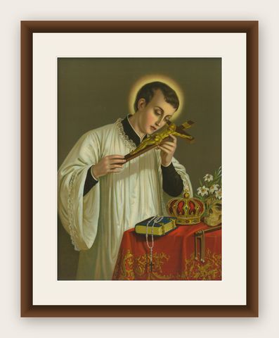 St. Aloysius Gonzaga, Chromolithograph with Crown, Skull and Crucifix, 1899, shown framed