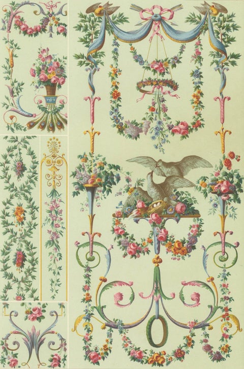 Rococo Floral Garland Design, 18th-Century French Ornament with Doves, 1869, close-up 6