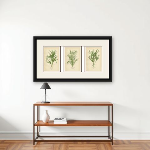 Antique Botanical Prints of Curly Palm, Spiny Date Palm & Trachycarpus, c.1897, shown framed on a wall