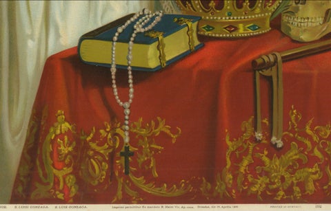 St. Aloysius Gonzaga, Chromolithograph with Crown, Skull and Crucifix, 1899, close-up 3