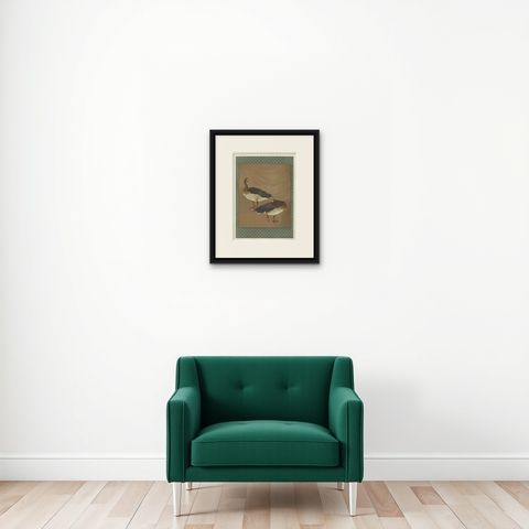Japanese Geese in Calm Elegance: Antique Lithograph, 1880s, shown framed on a wall