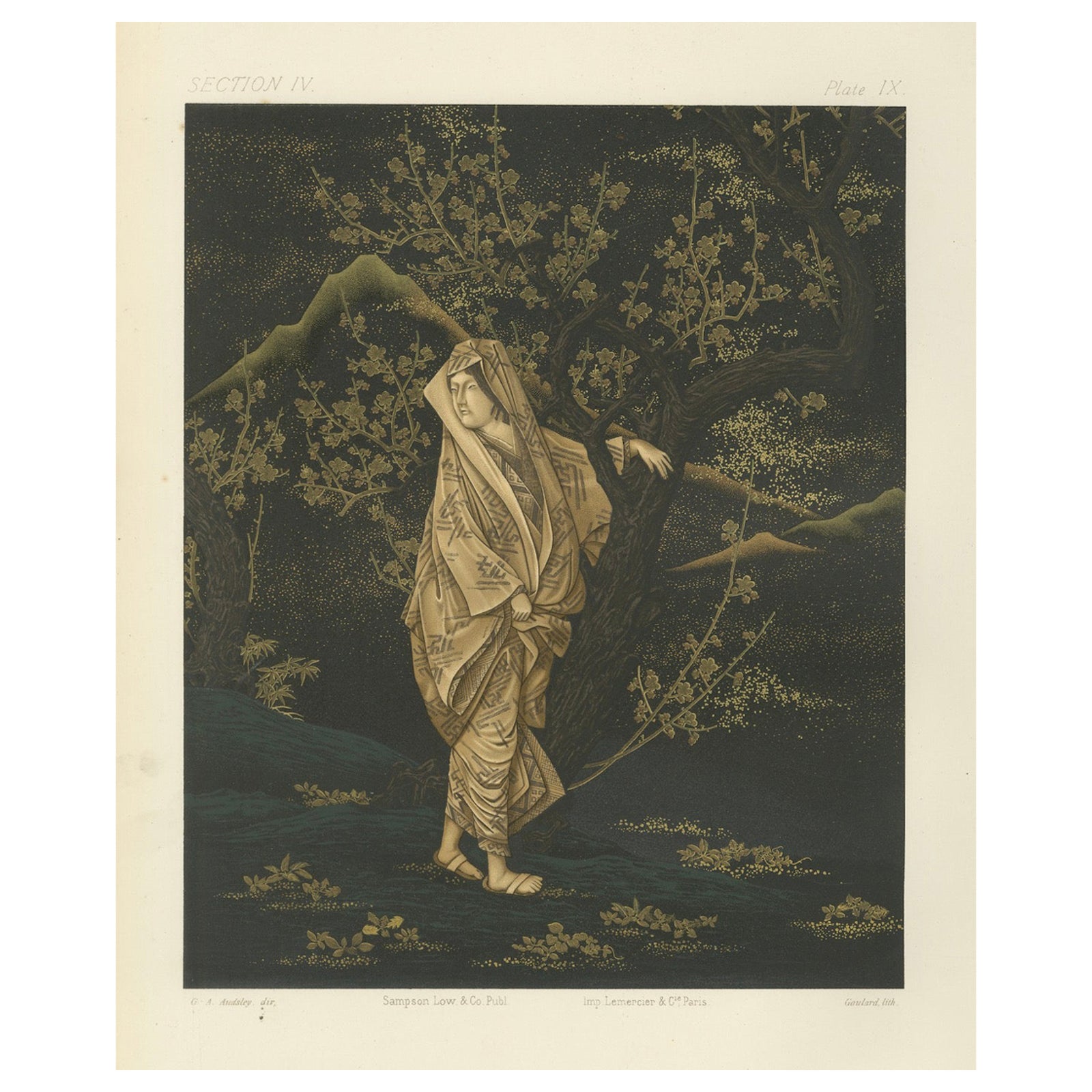 Japanese Woman in Plum Blossom Grove: Antique Lithograph, 1880s