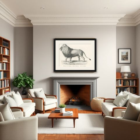 Original Antique Print of a Barbary Lion by Brodtmann, shown framed in a room
