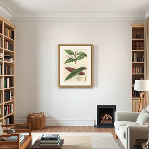 Set of 2 Antique Botany Prints, Miconia, Calathea '1873', shown framed in a room