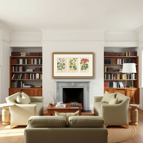 Victorian Geranium Elegance: A Triptych of Horticultural Art, 1896, shown framed in a room