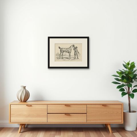 Antique Print of a Horse used for Hunting in England, shown framed on a wall