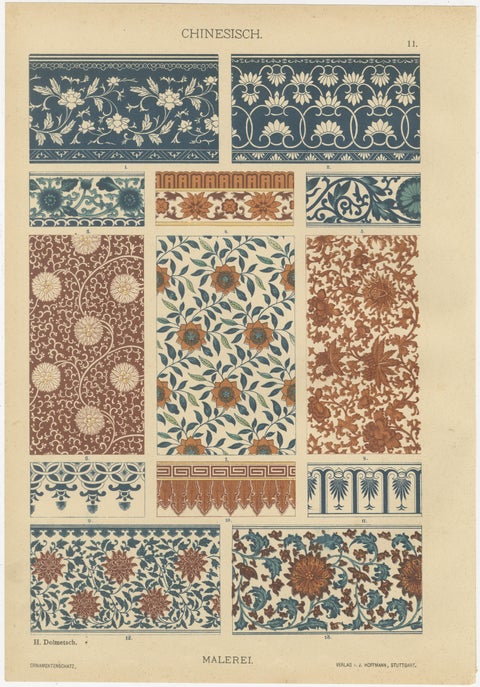 Antique Chinese Decorative Art Prints with Floral and Textile Motifs, 1887, view 4