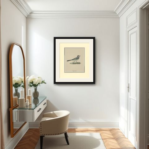 Antique Bird Print of the White Wagtail by Von Wright '1927', shown framed in a room