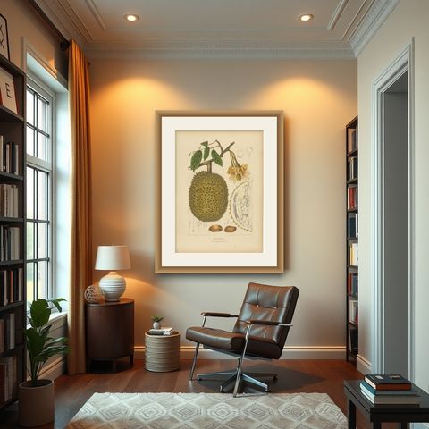 Antique Durian Botanical Chromolithograph by Hoola van Nooten, c. 1880, shown framed in a room