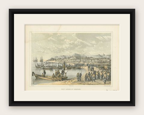 Antique Print of the Landing at Gorahama by Hawks, 1856, shown framed