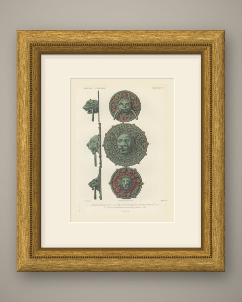 Lion Head Door Knockers, Lüneburg and Hamburg, Antique Print, 1851, shown framed