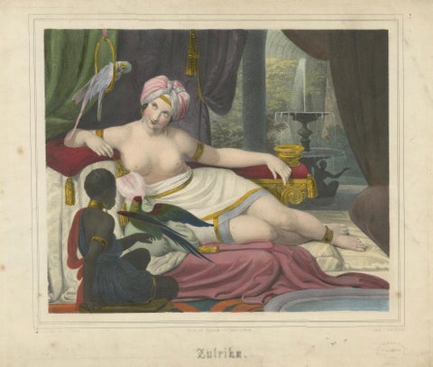 Orientalist Lithograph of Reclining Woman with Parrots, Ulrika, c.1840, Berlin, close-up 1