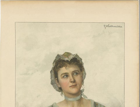 Portrait of a Flower Maiden, 19th-Century Chromolithograph by Warthmüller, close-up 2
