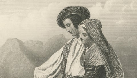 Pyrenean Peasant Couple with Dog, Romantic 19th C. Engraving c.1840, close-up 3