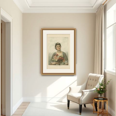Portrait of a Flower Maiden, 19th-Century Chromolithograph by Warthmüller, shown framed in a room