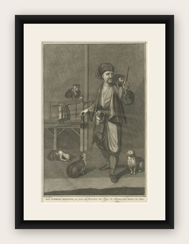 Antique Print of the Albanian Dgi-Guerdgi Feeding Sheep Liver to Cats, 1727, shown framed