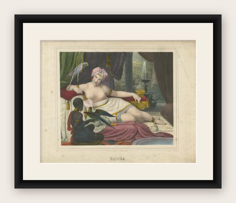 Orientalist Lithograph of Reclining Woman with Parrots, Ulrika, c.1840, Berlin, shown framed