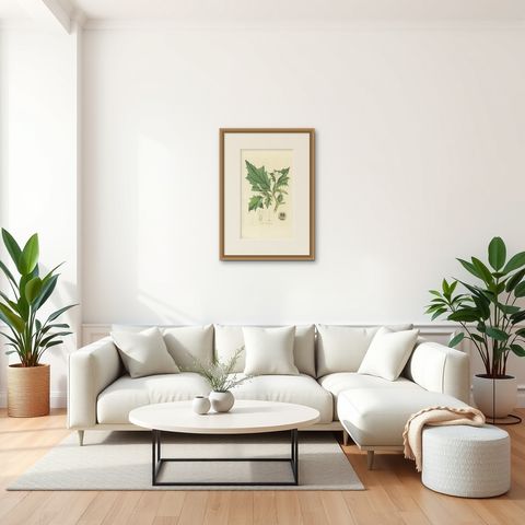Antique Botany Print of Datura Stramonium by Curtis 'circa 1817', shown framed in a room