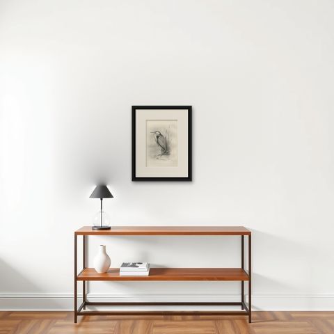 Grey Heron, Antique Bird Print after Lilian Medland, circa 1909, shown framed on a wall