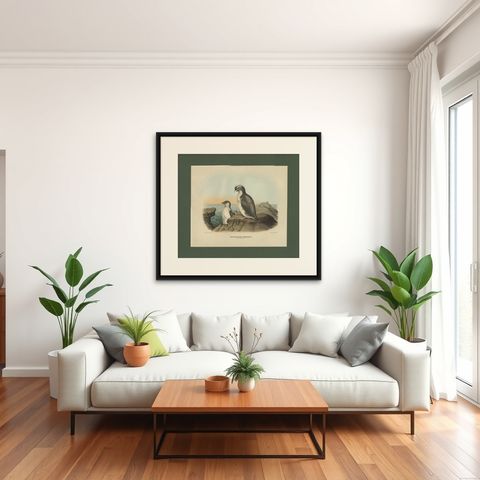 Antique Bird Print of a Young and Adult Temminck's Auk Made After D.G. Elliot, shown framed in a room