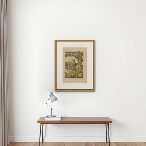 Antique Botany Print of Pumpkin Plants, 1890, shown framed on a wall