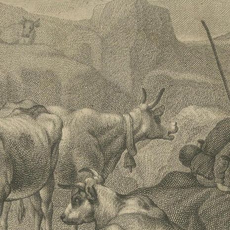 Pastoral Engraving by Johann Jakob Kleinschmidt: Shepherd, Cattle, and Ruins, close-up 6