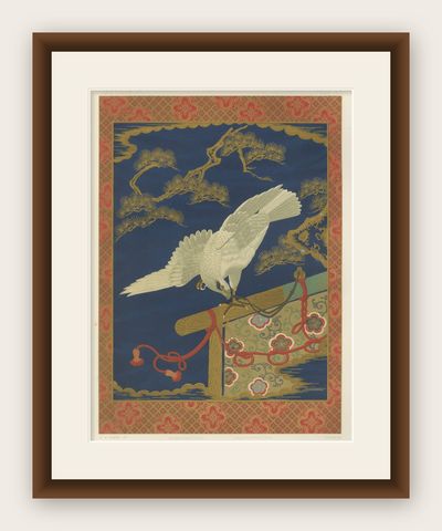 Japanese White Hawk on Pine Branch: Antique Lithograph, 1880s, shown framed
