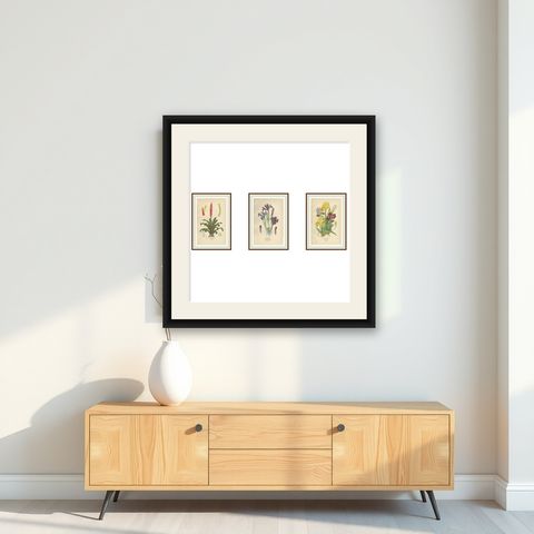 Antique Botanical Prints of Tillandsia and Irises, Set of Three, 1897, shown framed on a wall