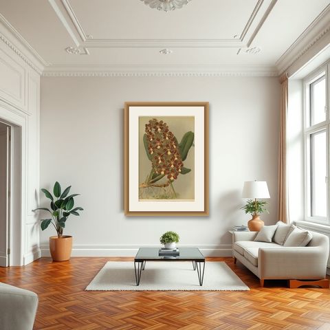 Red and Gold Orchid Print, Odontoglossum Coronarium, Reichenbachia c.1888, shown framed in a room