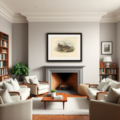 Beautiful Antique Hand-Colored Bird Print of the Common Quail by Gould, 1832, shown framed in a room