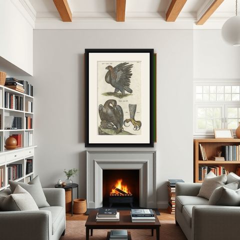 Antique Old Hand-Colored Bird Print of Two Eagles and an Eagle Claw, 1657, shown framed in a room