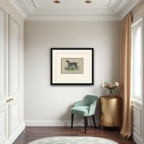 Antique Dog Print of a Black and Tan Terrier, circa 1890, shown framed in a room