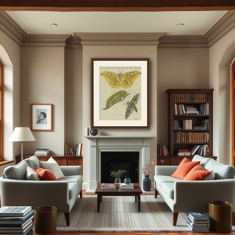 Splendid Saturn Moth and Green Hawkmoth: Exquisite Insects from a 1805 Work, shown framed in a room