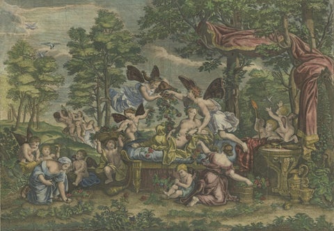 Rare Hand-Colored Antique Engraving of Flora Lying on a Bed Surrounded by Angels, close-up 1