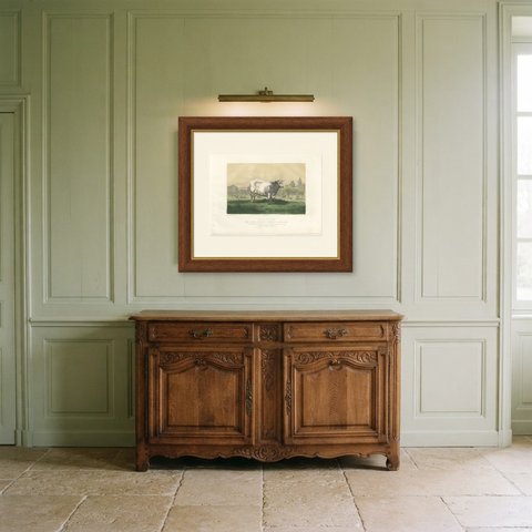 Emilie, Durham Shorthorn Cow of Corbon, Antique Print, 1873, shown framed in a room