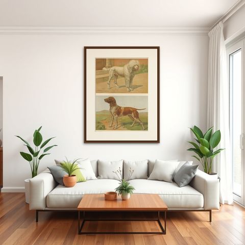 Poodle and Hound, Large Antique Dog Poster by Briedwiser, c.1880, shown framed in a room